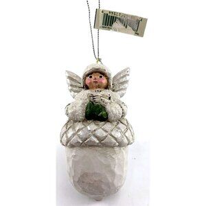 Pam Schifferl Christmas Ornament White Angel On Acorn Holding a Dove 4" Fork Art